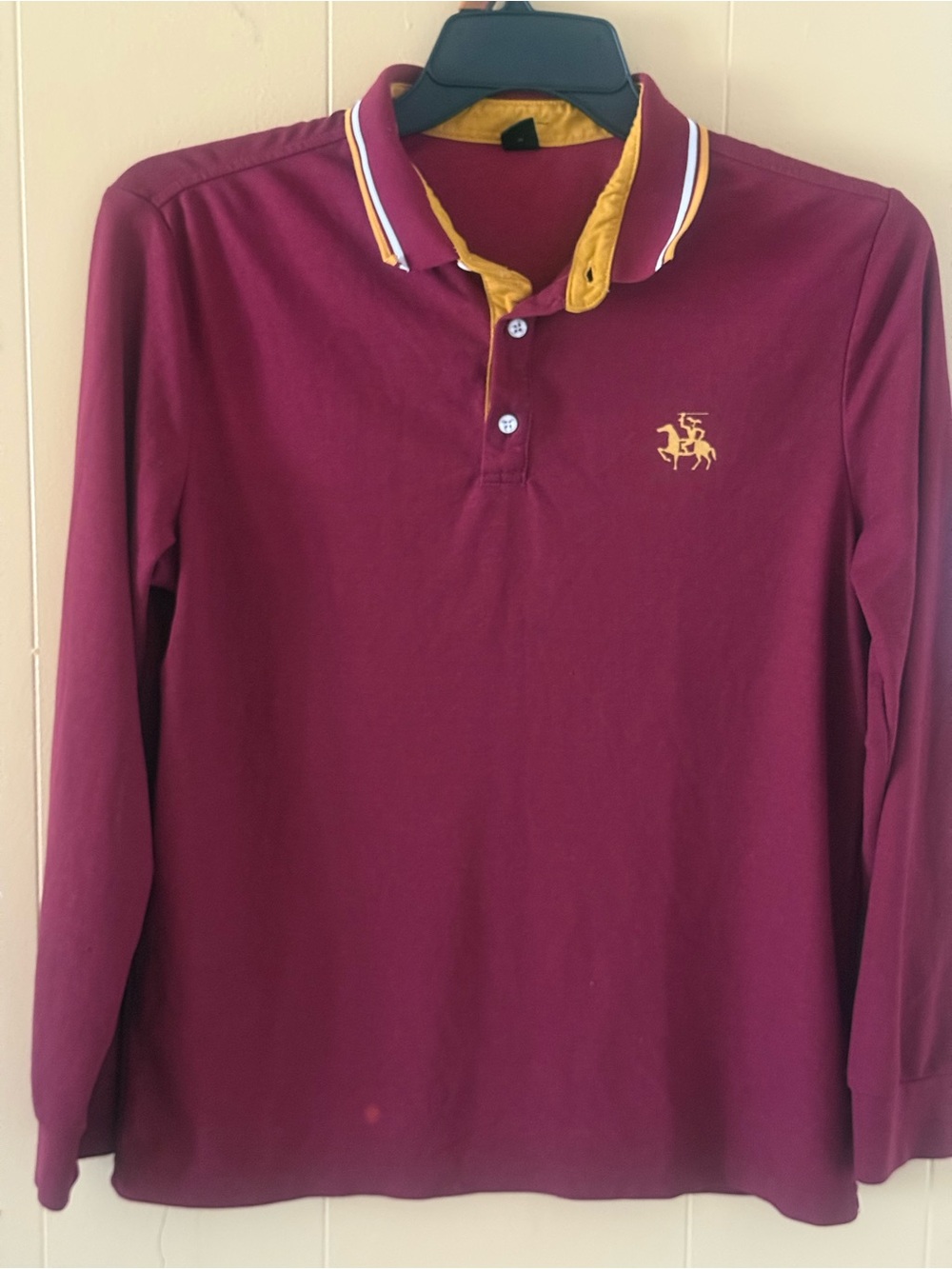 SHEIN Burgundy Long Sleeve Polo with Gold Trim